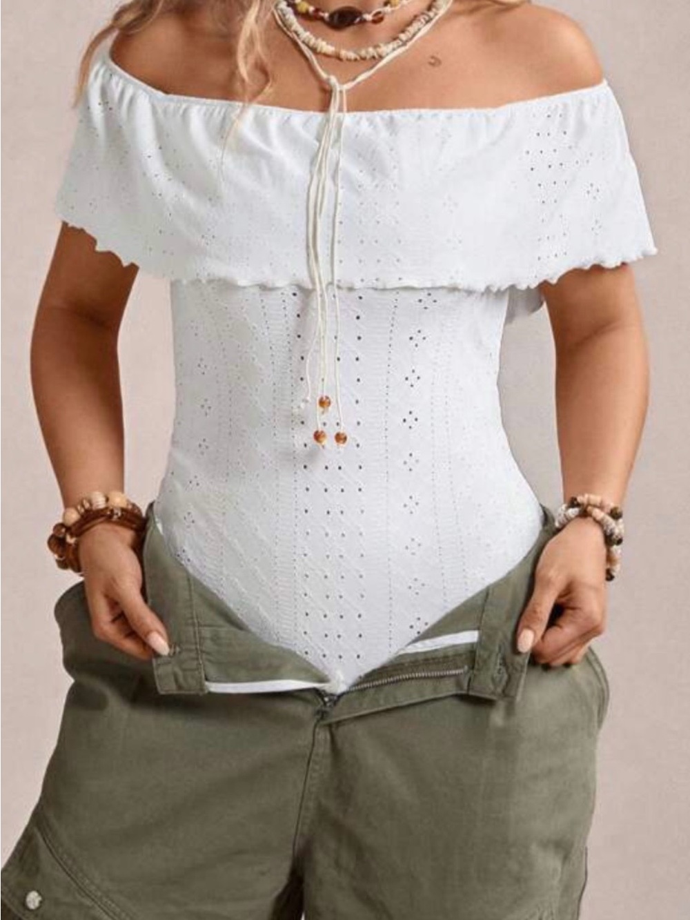 White Off Shoulder Ruffle Trim
Eyelet Embroidery Bodysuit XL